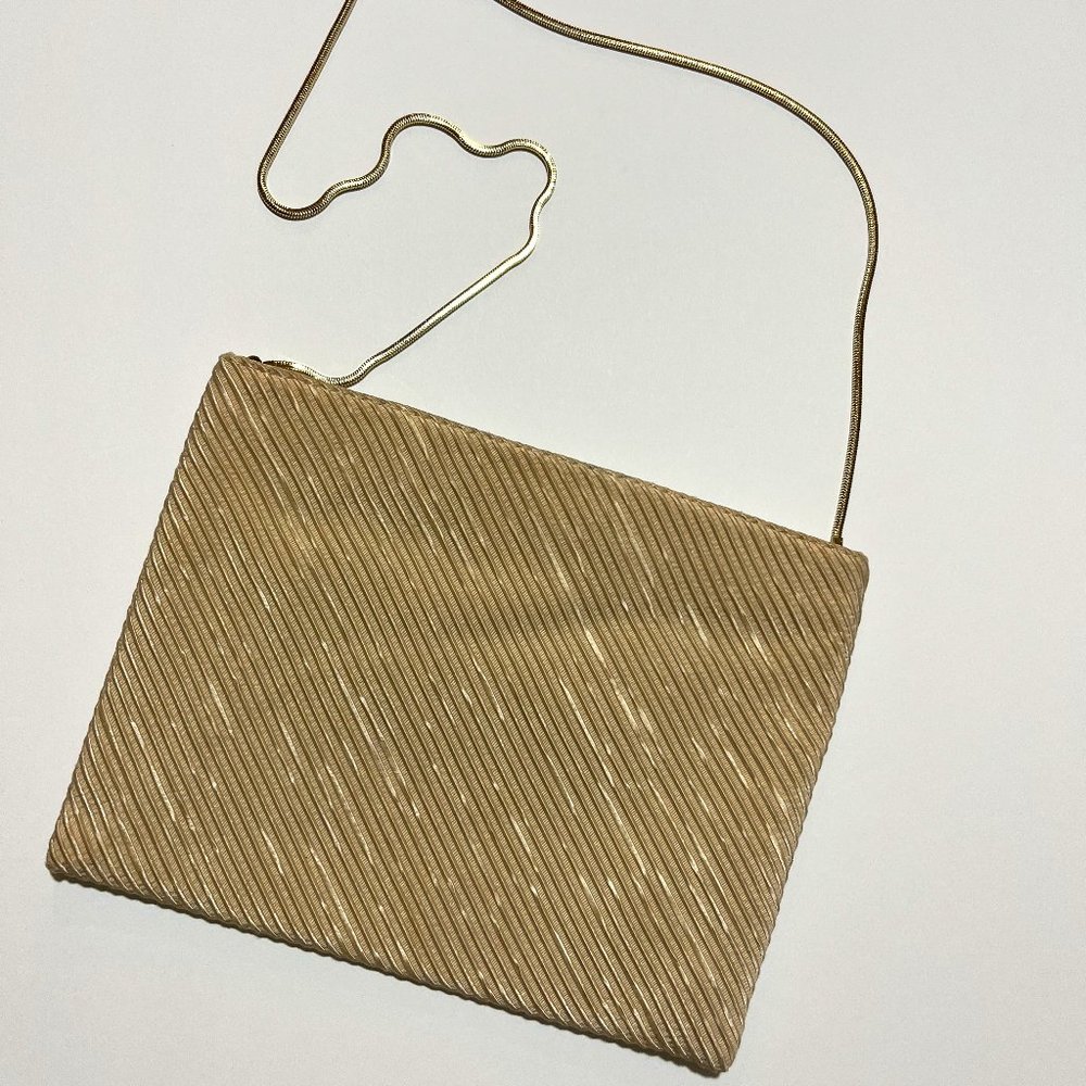 Designer Purse by Reva Evening Bag Beige Cord Satin has Fine Gold Strap…